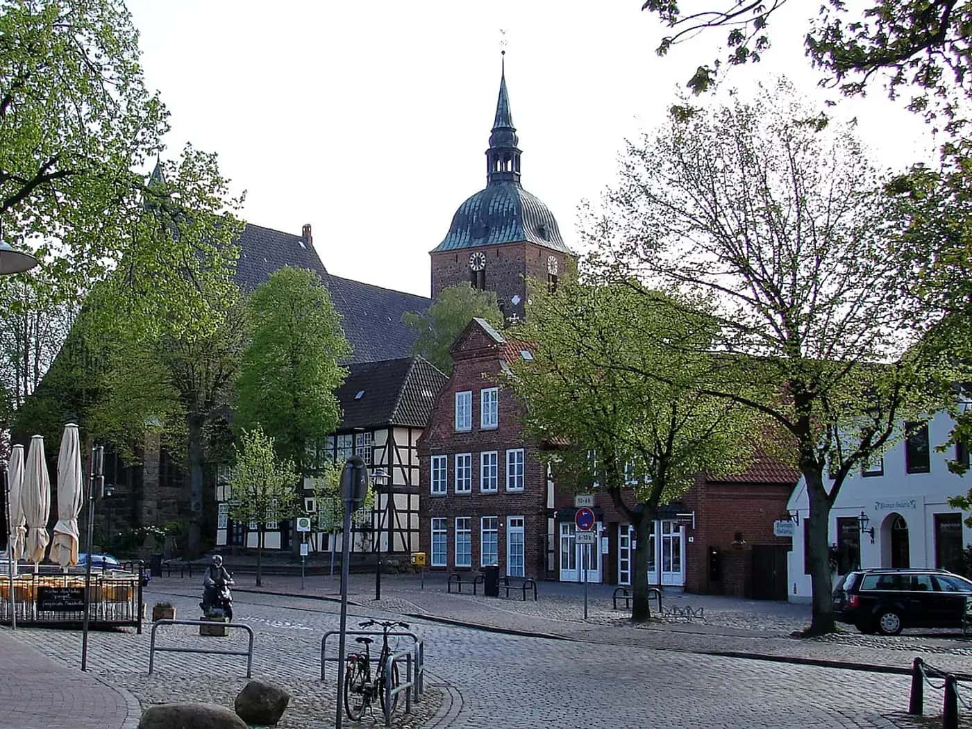 Market square of Burg auf Fehmarn with St Nikolai church